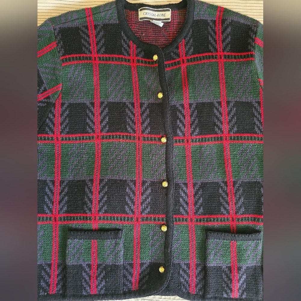 Vtg Crystal-Kobe Christmas Cardigan Sz L Scottish Green/Red Plaid Gold Buttons - Picture 2 of 6